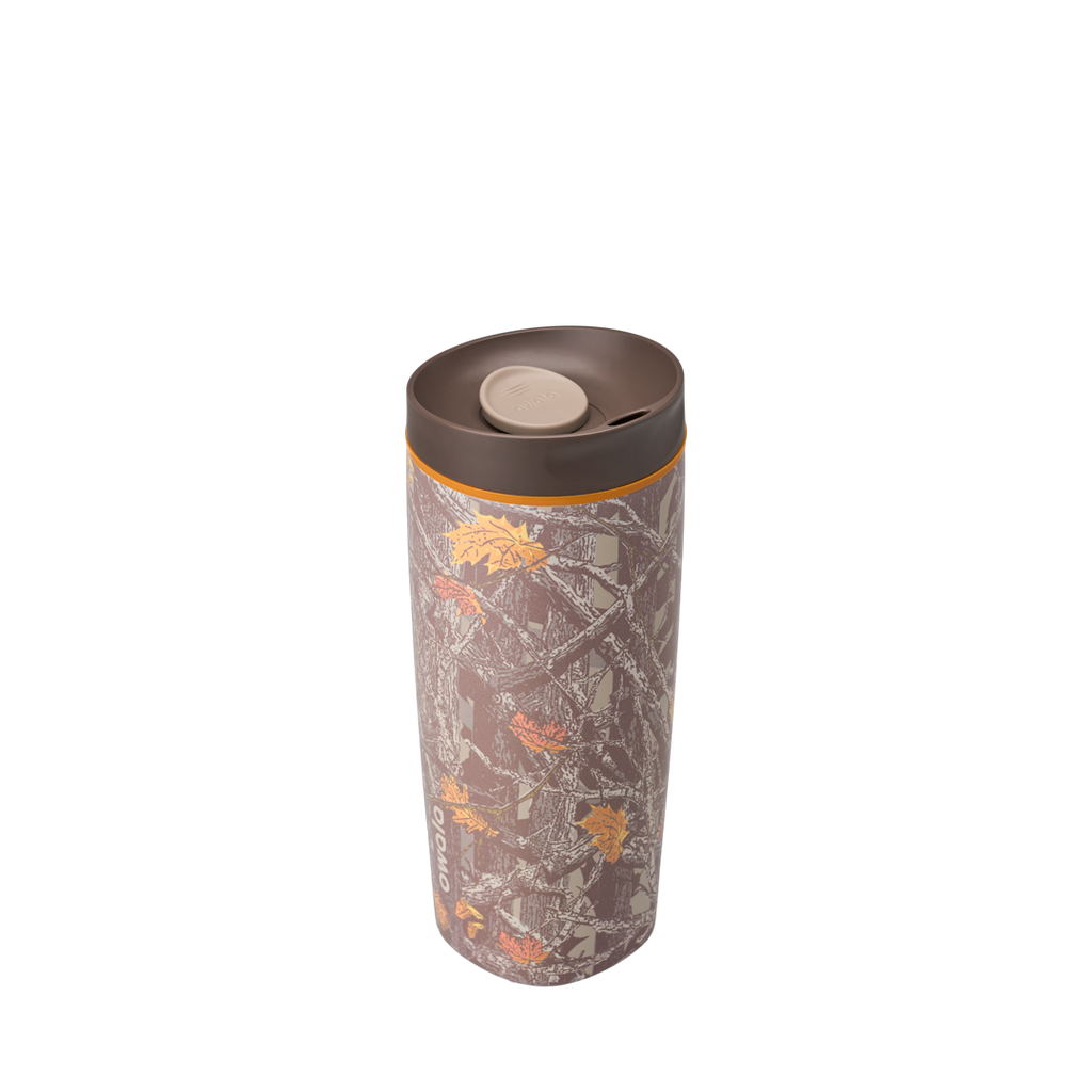 Owala SmoothSip Slider 20oz in Out of Sight, oak-leaf camouflage body in browns and warm greys with orange leaf accents, dark brown lid with tan slider button and orange accent ring